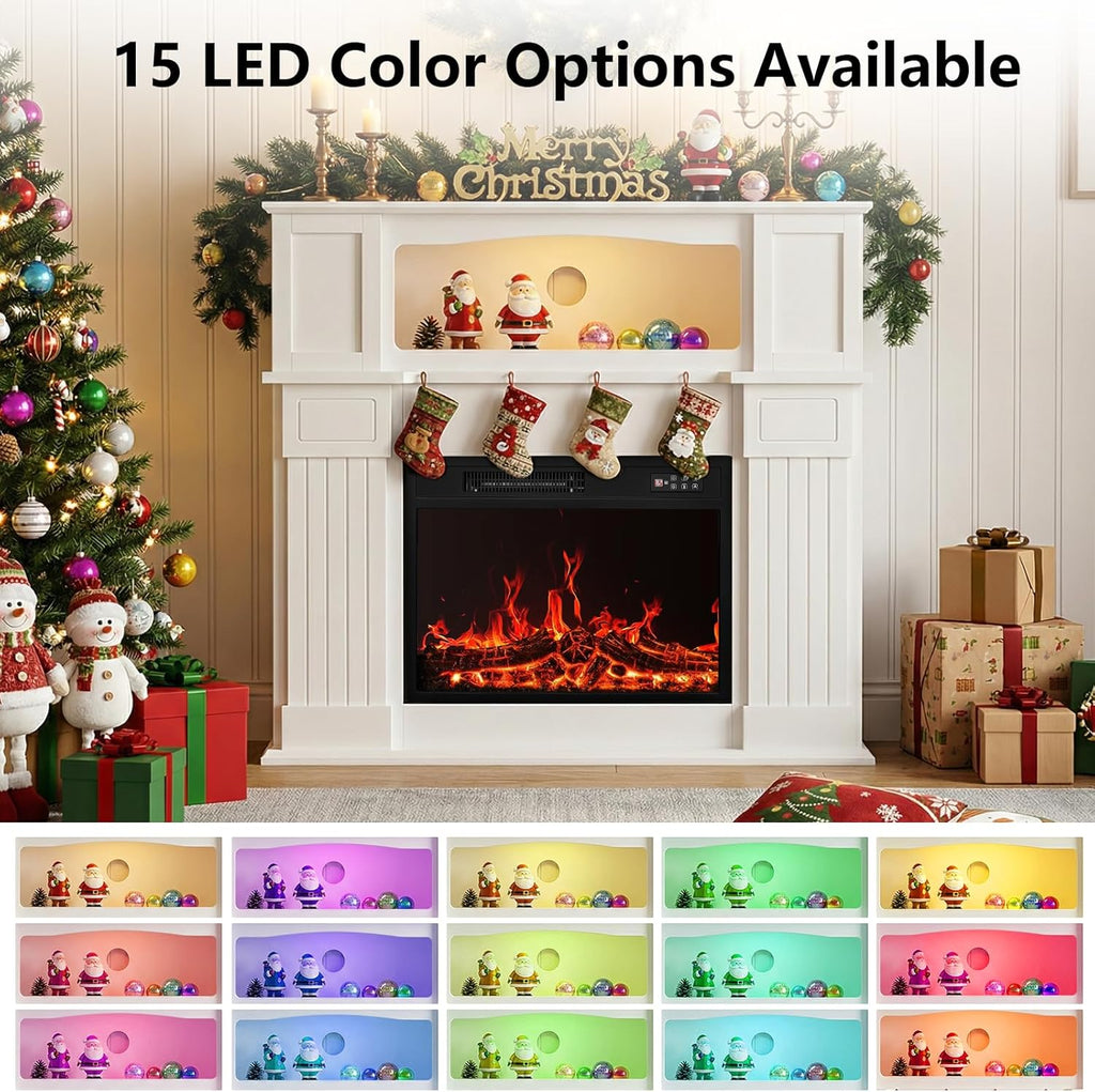 43 inch Electric Fireplace with Mantel, LED Lights Strip, White