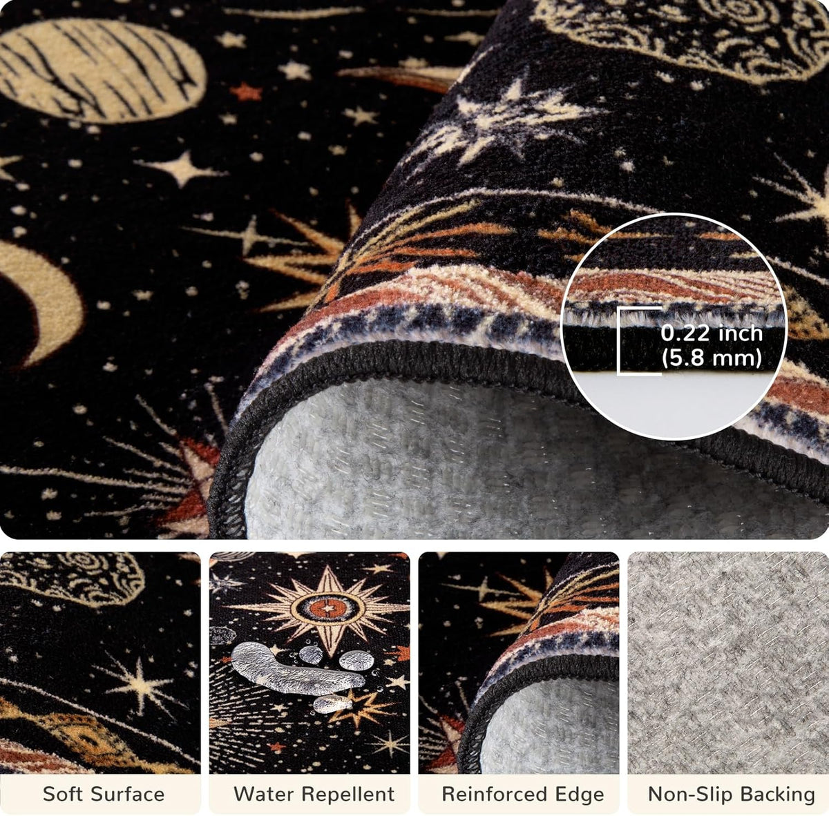 Vacuum-Friendly, 8x10 Washable Area Rug, Black Gold Beige Red