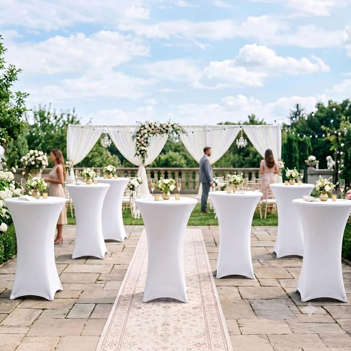 cocktail table covers-white spandex round high top table, side view