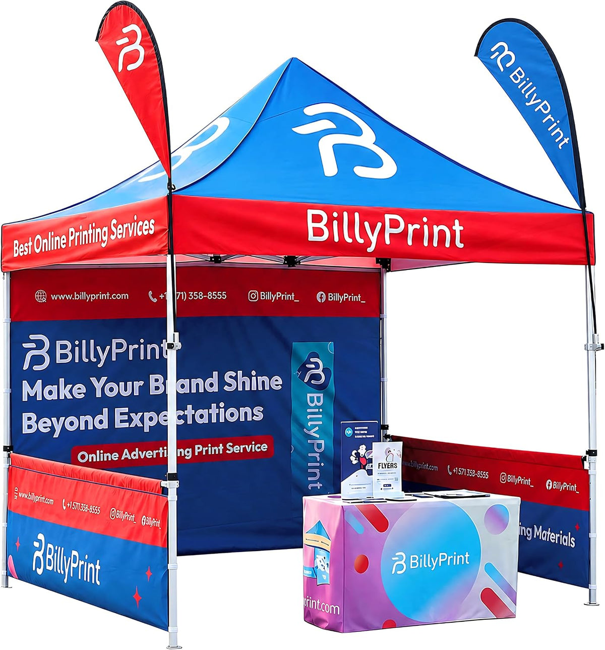 BillyPrint Custom Canopy Tent 10x10 with Logo | Pop Up Vendor Tent for Trade Shows, Events | Full-Color Printing | Optional Walls or Heavy-Duty Aluminum Frame | Waterproof Fabric | Expedited Service