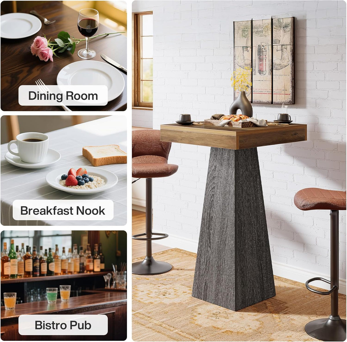 Tribesigns Bar Table, 39.96" High Pub Table for Small Space, Home Bar Small Square High Top Unit for Dining, Coffee, Cocktail, Living Room, Kitchen, Vintage Brown & Gray (Only Table)