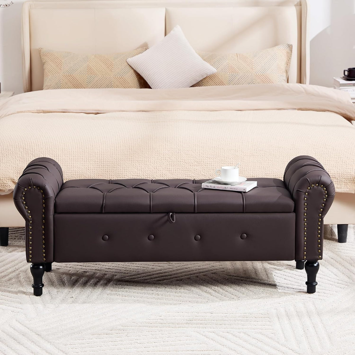 Storage Bench 51" Faux Leather End of Bed Benches Dark Brown
