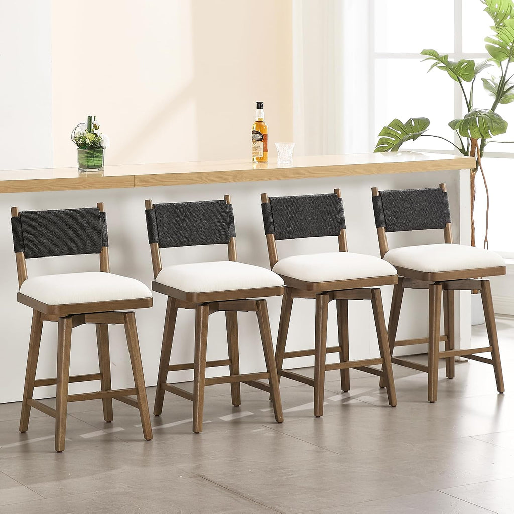 Swivel Counter Stools Set of 4, Linen Fabric Upholstered Kitchen Stool Chairs with Woven Rope Back and Solid Wood Legs, Rustic Armless Barstools 26" for Patio/Balcony, Black Rope