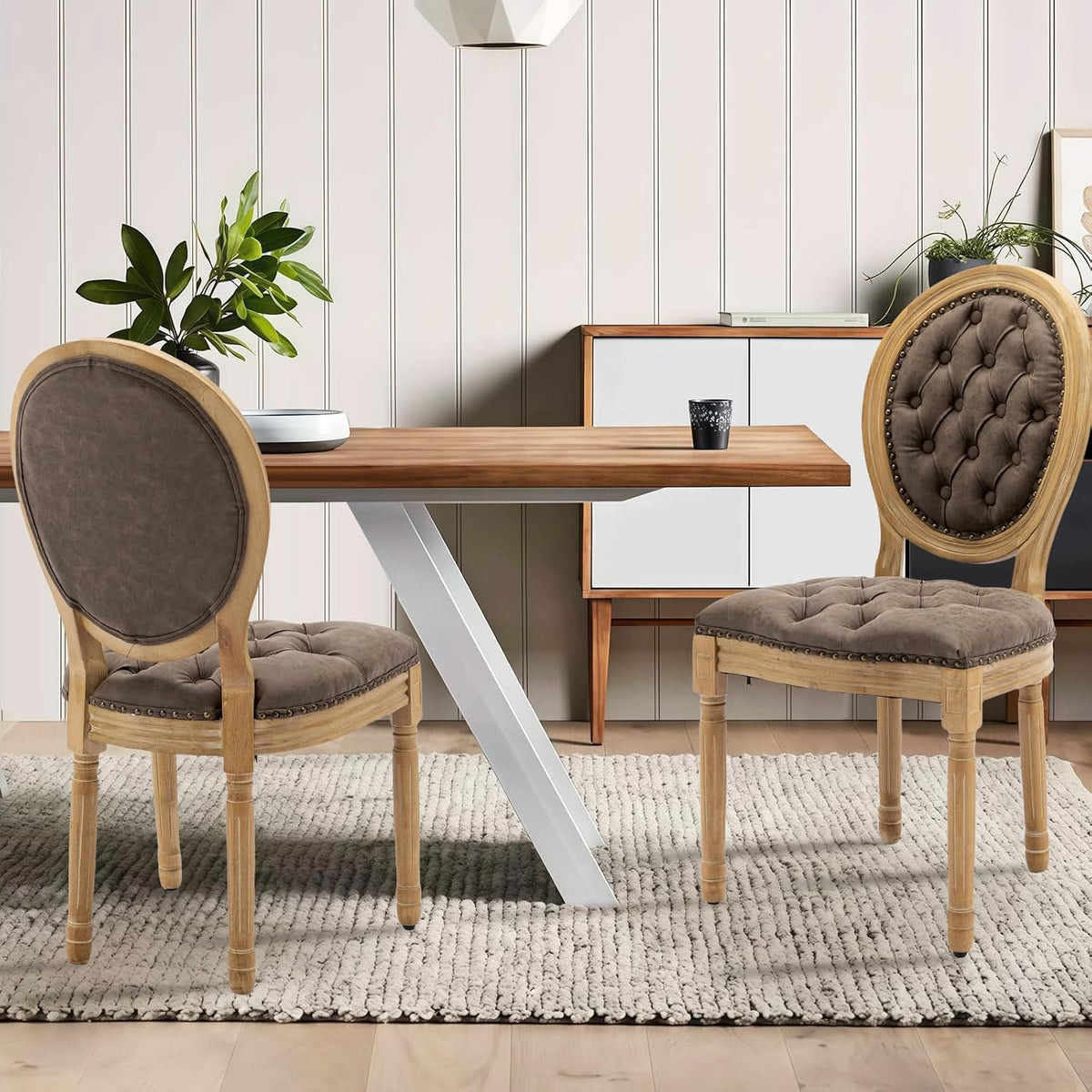 French Country Dining Chairs Set of 4,Upholstered PU Leather Chairs with Round Back,Solid Wood Legs,for Living Room, Kitchen, Restaurant,Brown