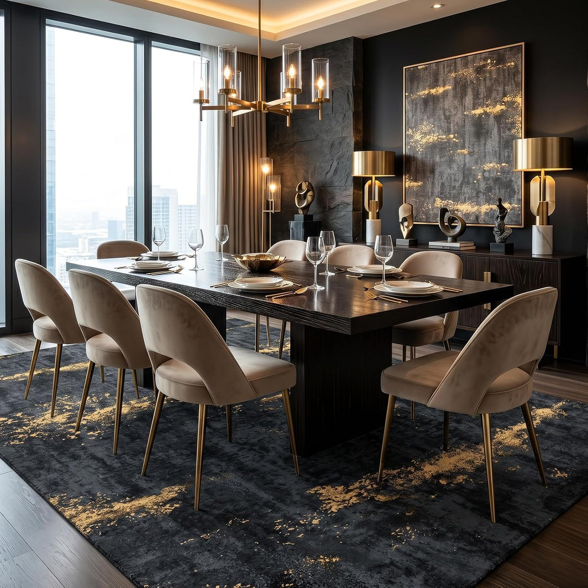 Fixwal Washable 6x9 Area Rug for Living Room, Non-Slip, Black/Gold