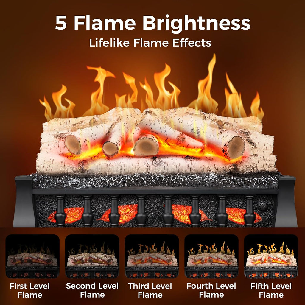 Electric Fireplace Insert Log Heater 21 Inches, 5 Flame Brightness, Multiple Flicker Speed, 750w/1500w Heating, Remote Control, Auto Shut Off