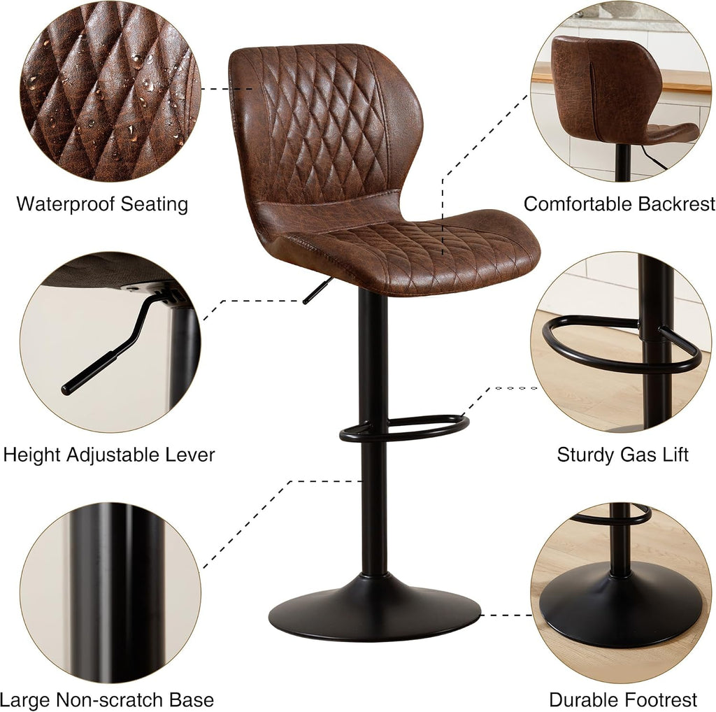 Bar Stools Set of 2, Modern Swivel Counter Height Barstools for Kitchen Island Chairs, Adjustable Fabric Bar Stools with Back for Kitchen Counter Bar, Brown