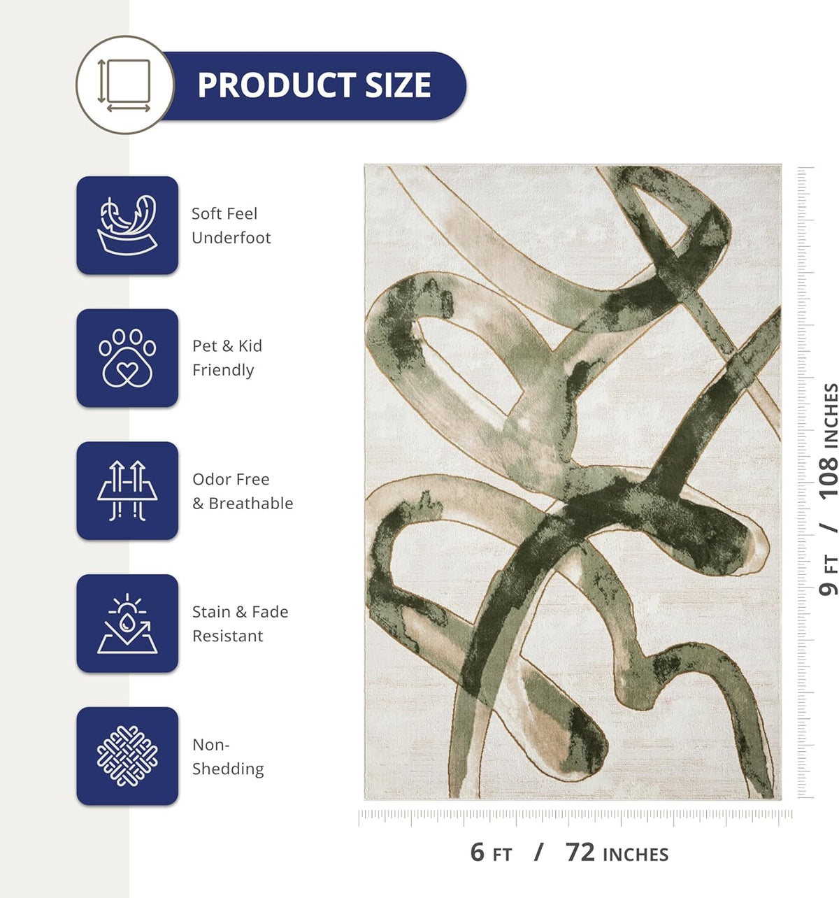 Abani Beige Cream Green Graffiti Washable Area Rug – 6' x 9' – Abstract Artistic Design – Ivy Collection – Non-Shedding, Easy to Clean – Durable for High Traffic Areas – Living Room & Bedroom