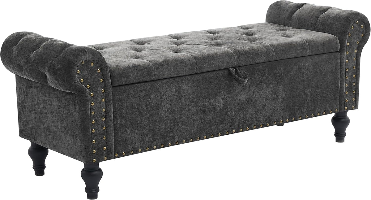 51" Storage Bench for Bedroom, Upholstered Ottoman Bench, Chenille DarkGray