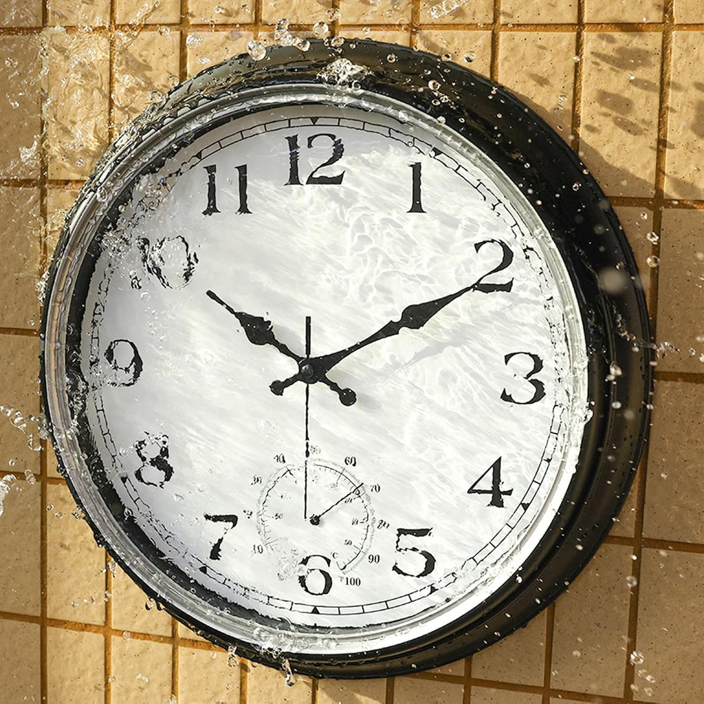 JoFomp Large Waterproof Outdoor Clock with Thermometer Combo - 16 inch Silent Non Ticking Quartz Battery Operated Wall Clock for Patio, Home, Pool, Garden, Porch, Deck (Silver, 16 Inch)
