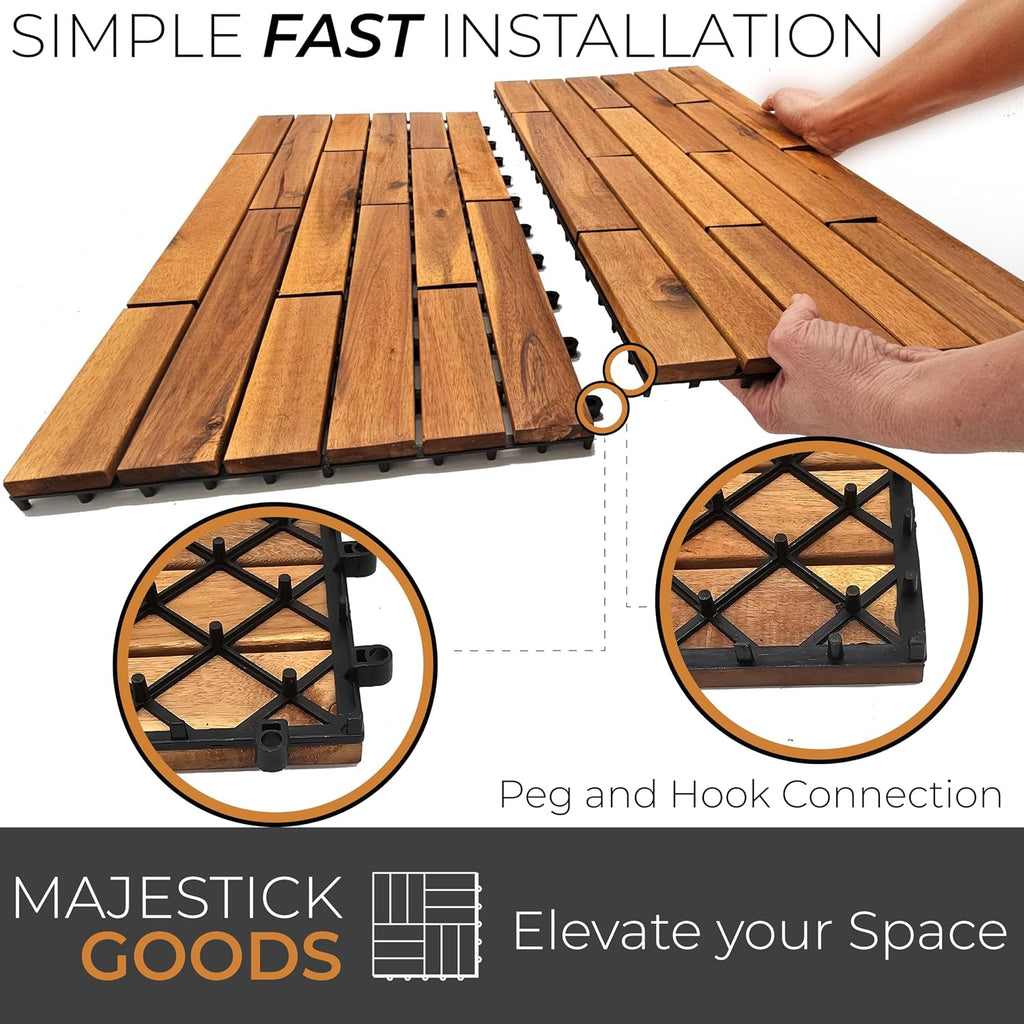 majestick goods 12-pack longboard acacia wood interlocking deck showing dimensions