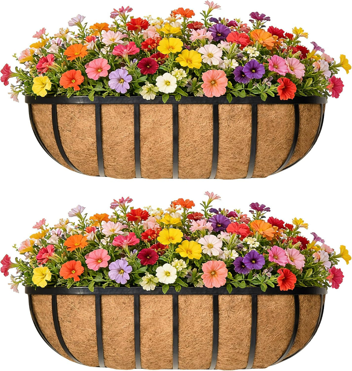 36 Inch Railing Planter Window Box Deck Balcony Rail Planter with Coco Liner Metal Wall-Mounted Coconut Liner Planters Basket Horse Trough Planters for Outdoor Balcony Porch Fence Patio (2 Pack)