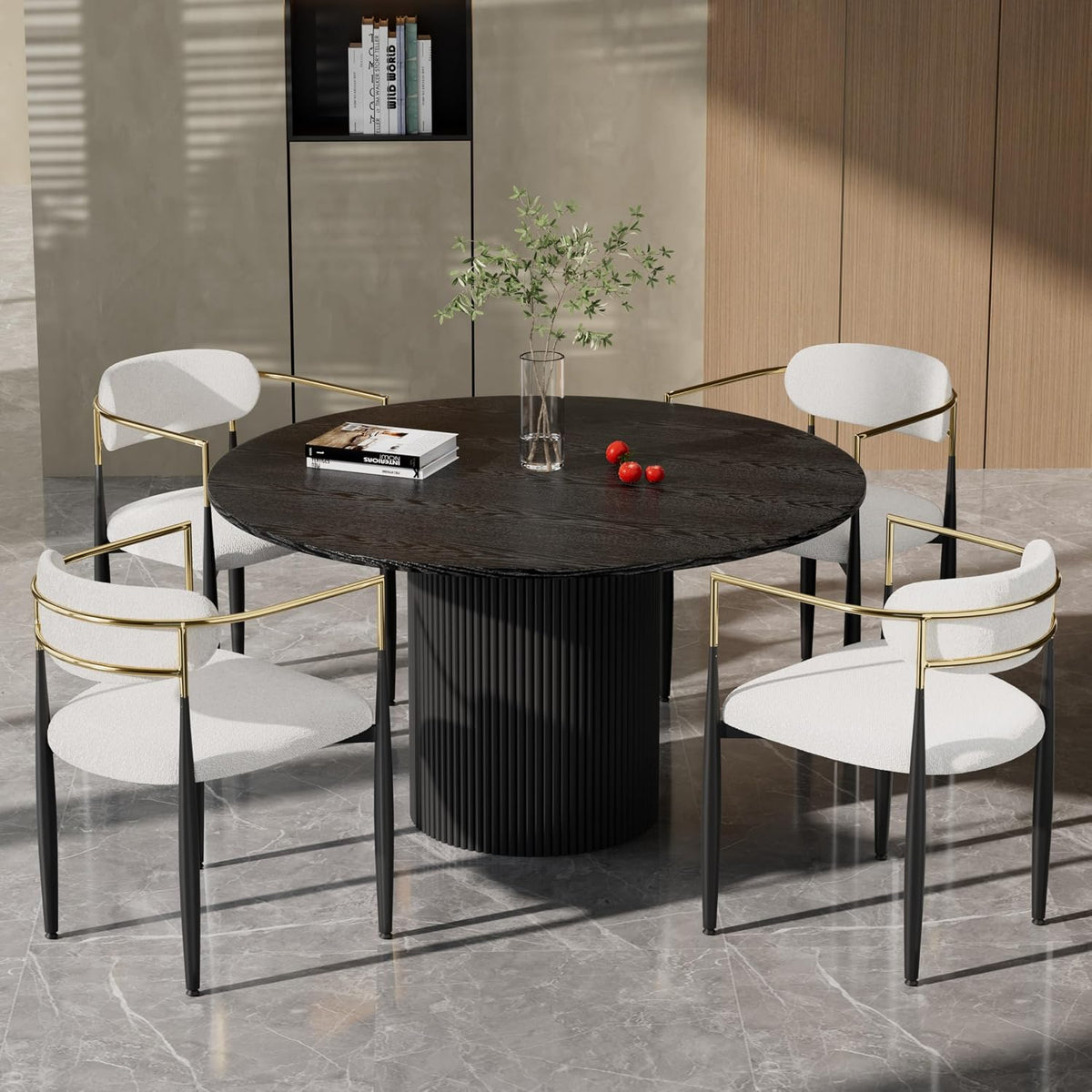 Baysitone Dining Chairs Set of 4 Mid-Century Modern Upholstered Boucle Dining Room Chairs Open Back Curved Backrest Black Metal Legs Gold Armchairs for Kitchen Living Room, Cream White(Only Chairs)
