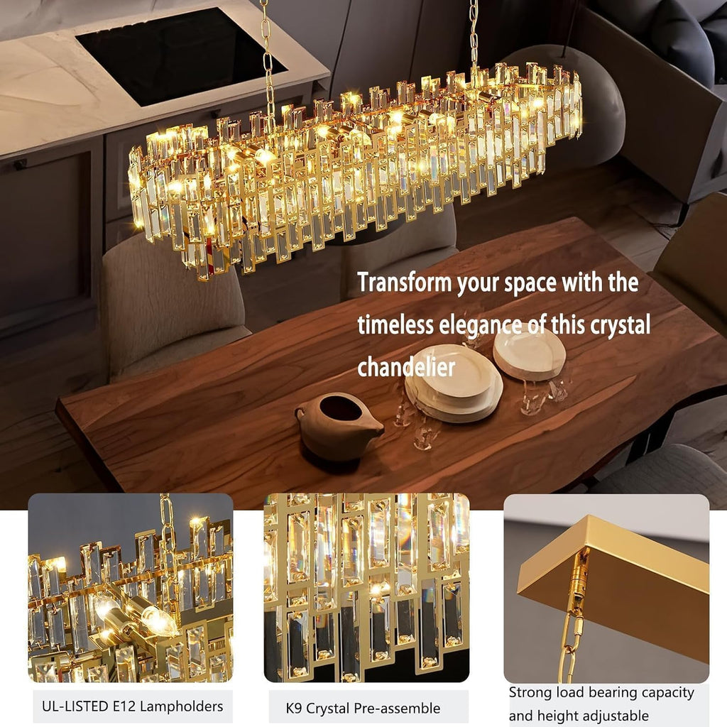 51 Inch Modern Large Crystal Chandelier Light Luxury Gold Rectangular Chandeliers for Dining Room Contemporary Oval Kitchen Island Bar Pendant Ceiling Lamp(Preinstalled K9 Crystals)