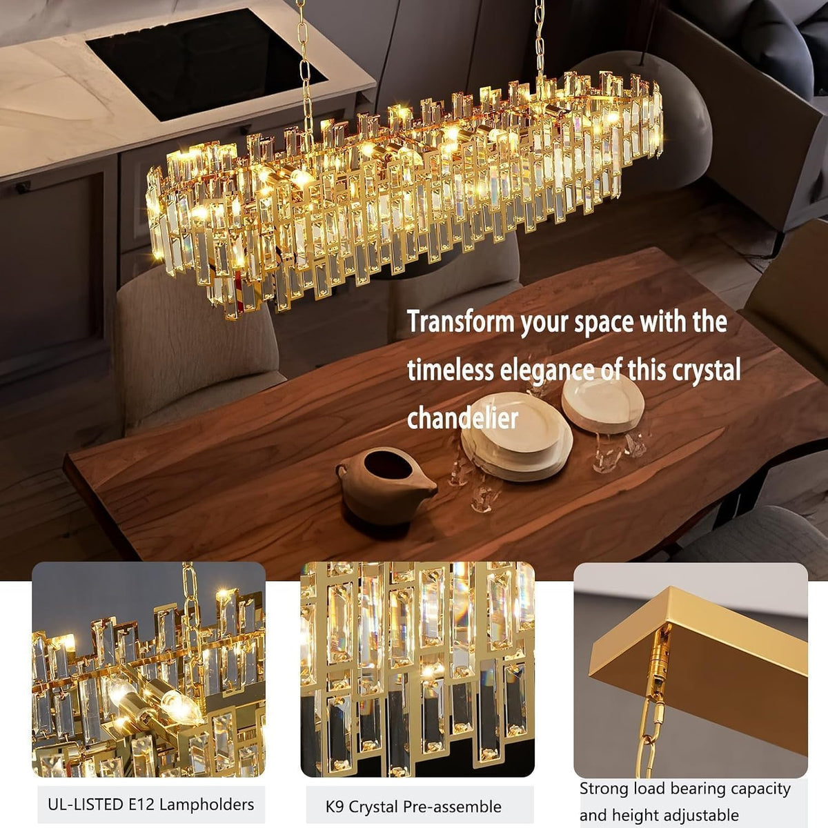 51 Inch Modern Large Crystal Chandelier Light Luxury Gold Rectangular Chandeliers for Dining Room Contemporary Oval Kitchen Island Bar Pendant Ceiling Lamp(Preinstalled K9 Crystals)