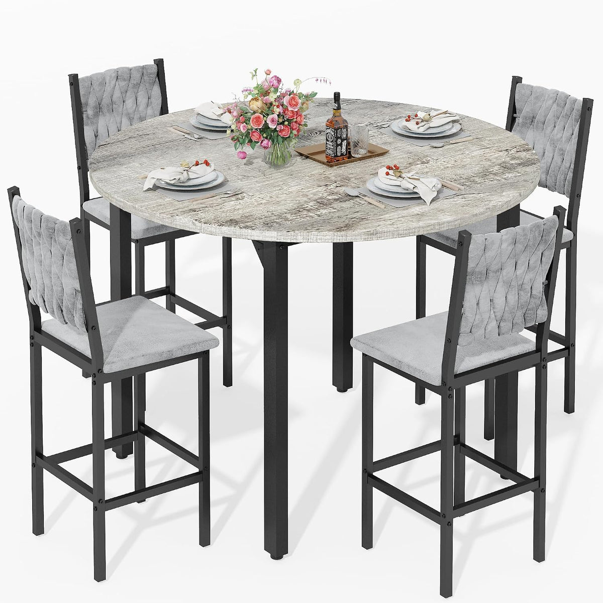AWQM Round Dining Table Set for 4, Gray Hand-Woven Velvet Bar Stools(Gray)