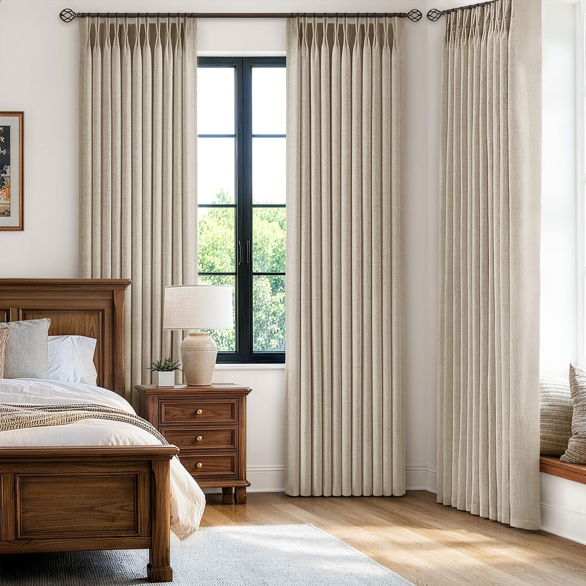 MIULEE 4 Panels Pinch Pleated 100% Blackout Linen Curtains 40"x90" Sand