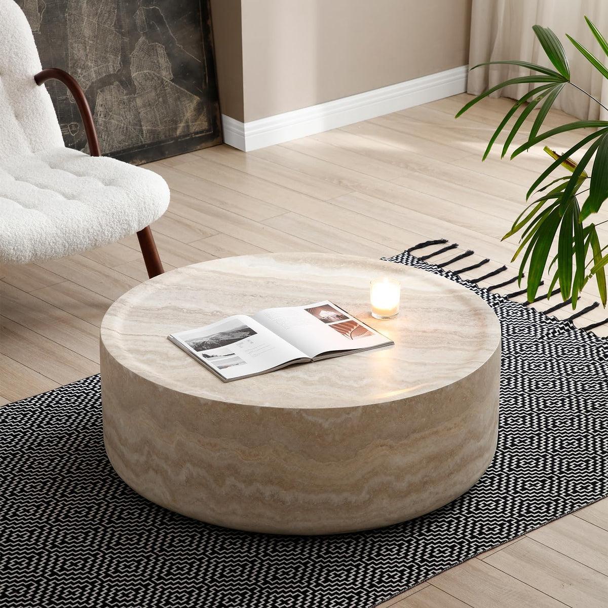 ø31.5'' Round Stone Coffee Table for Living Room, Modern Drum Circle Faux Concrete Marble Coffee Table, Fiber Glass Material, No Assembly (Mars Texture, ø31.5'' x 11.8'')
