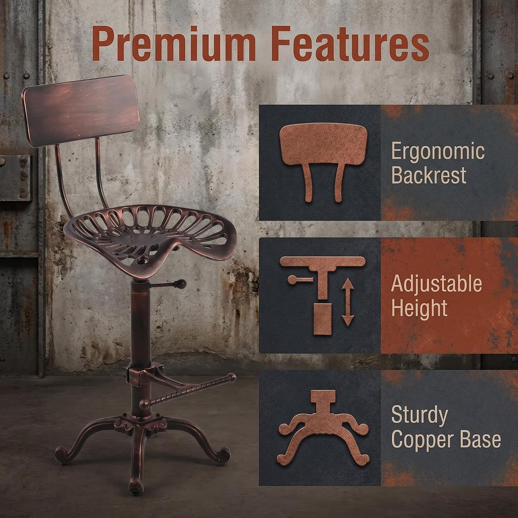 Industrial Design Metal Adjustable Height Backrest Chair Vintage Tractor Saddle Bar Stool Copper