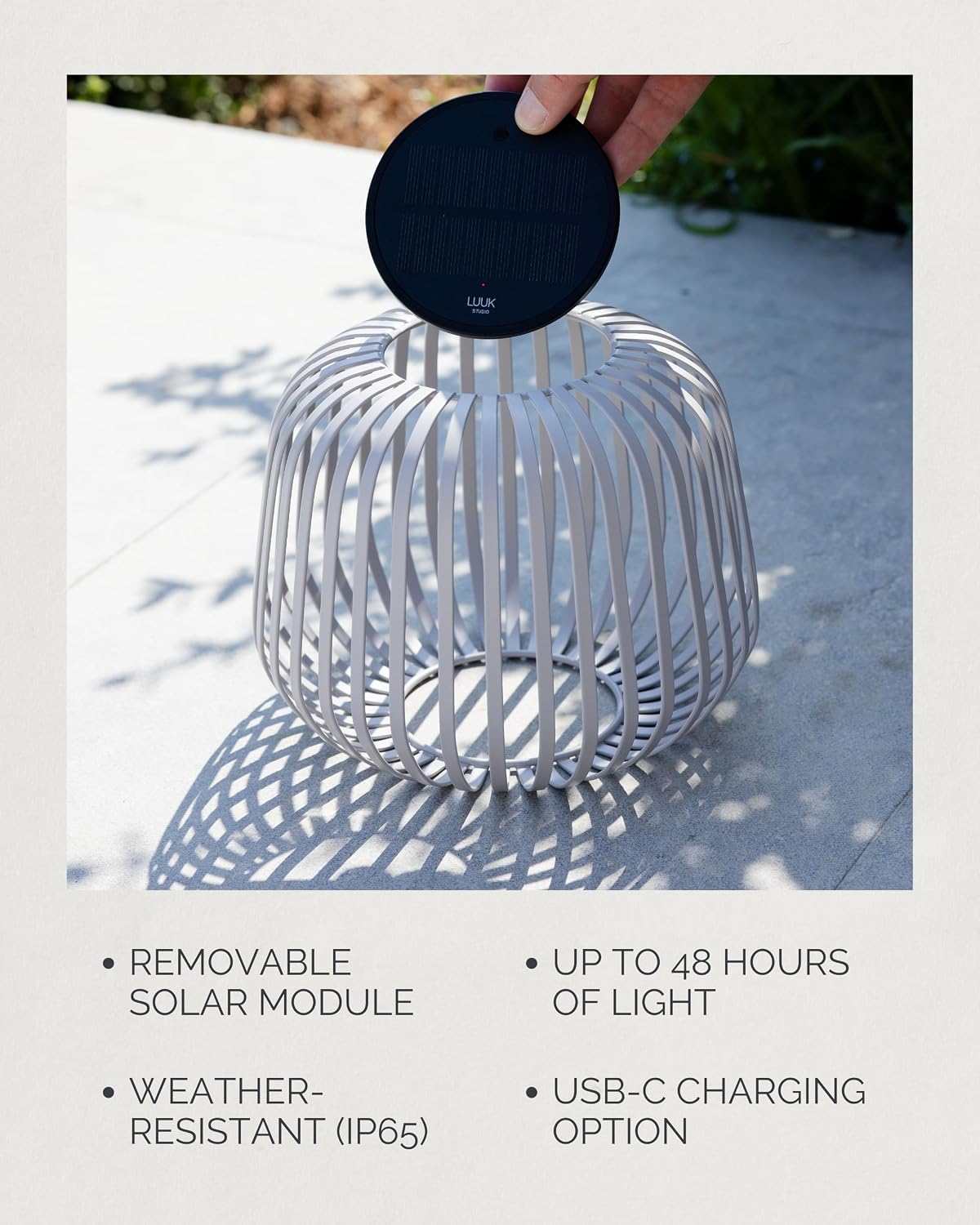 LUUK Studio Solis Solar Table Lamp, Lantern Design, Light Gray, Size S
