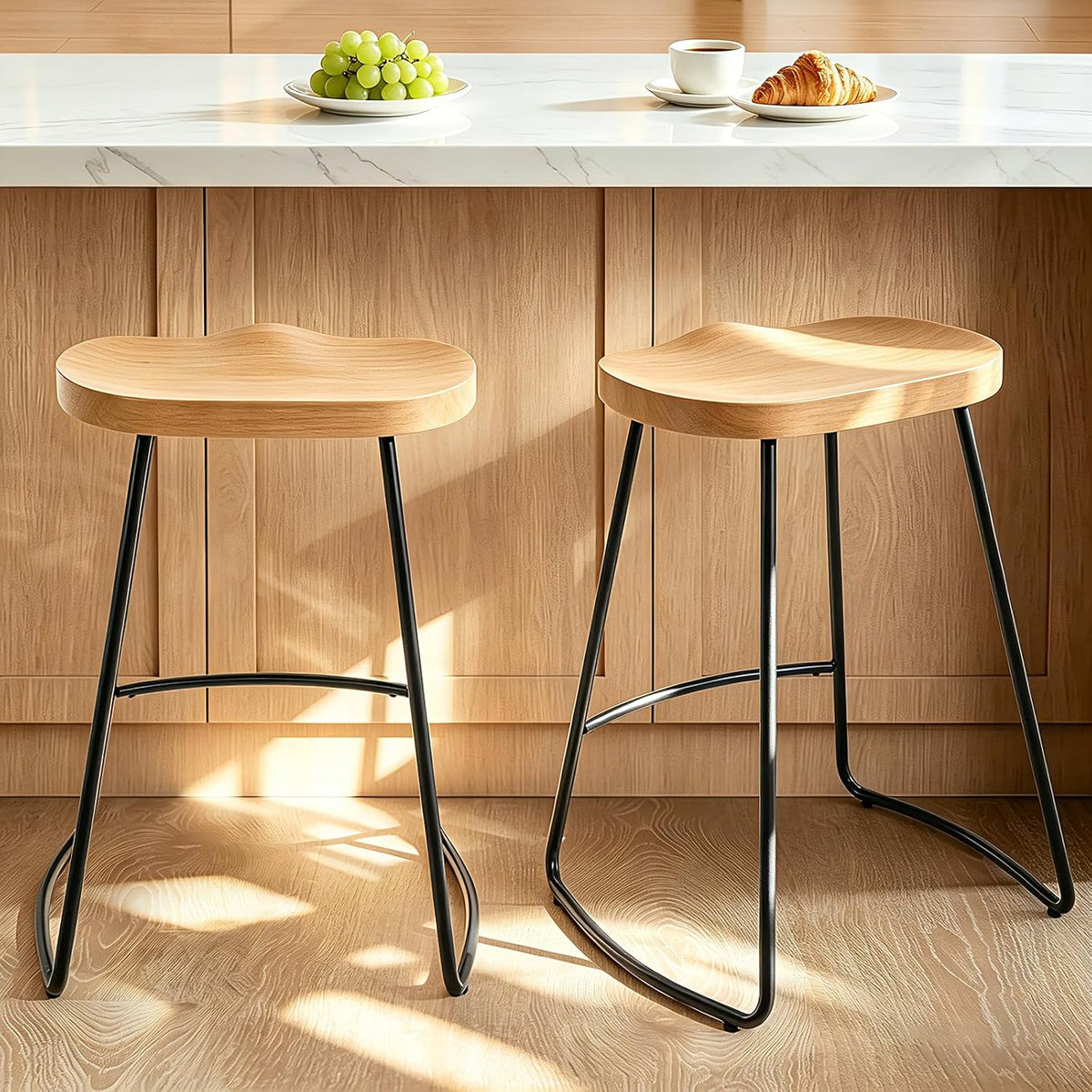 Bar Stools Set of 2, 24'' Counter Height Rustic Wooden Saddle Seat Natural