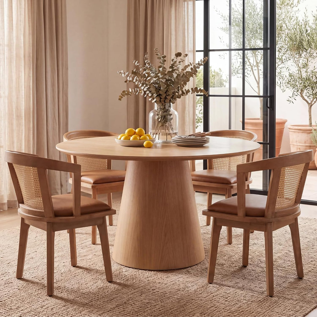 EALSON Rattan Mid Century Dining Chairs Set of 4 Modern Farmhouse Wooden Dining Room Chairs with Cane Curved Back Leather Upholstered Comfortable Kitchen Side Chairs for Restaurant, Brown