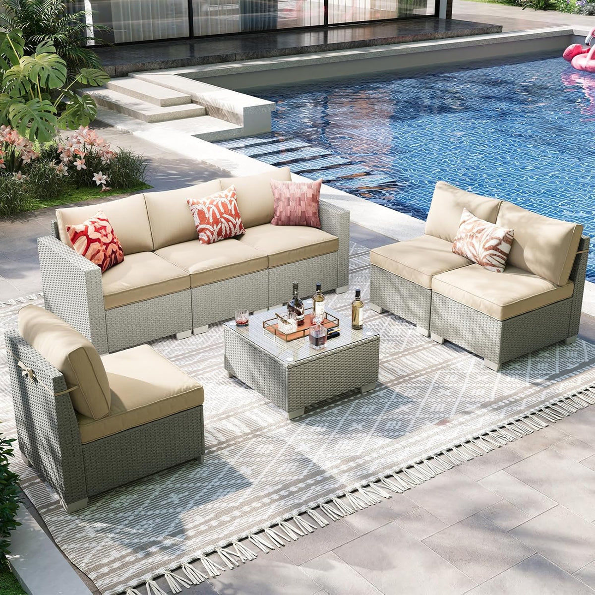 7 Pieces Outdoor Patio Furniture Set, Outdoor Sectional Furniture Set, All-Weather PE Rattan Wicker Sofa with Cushions for Balcony, Deck, Garden