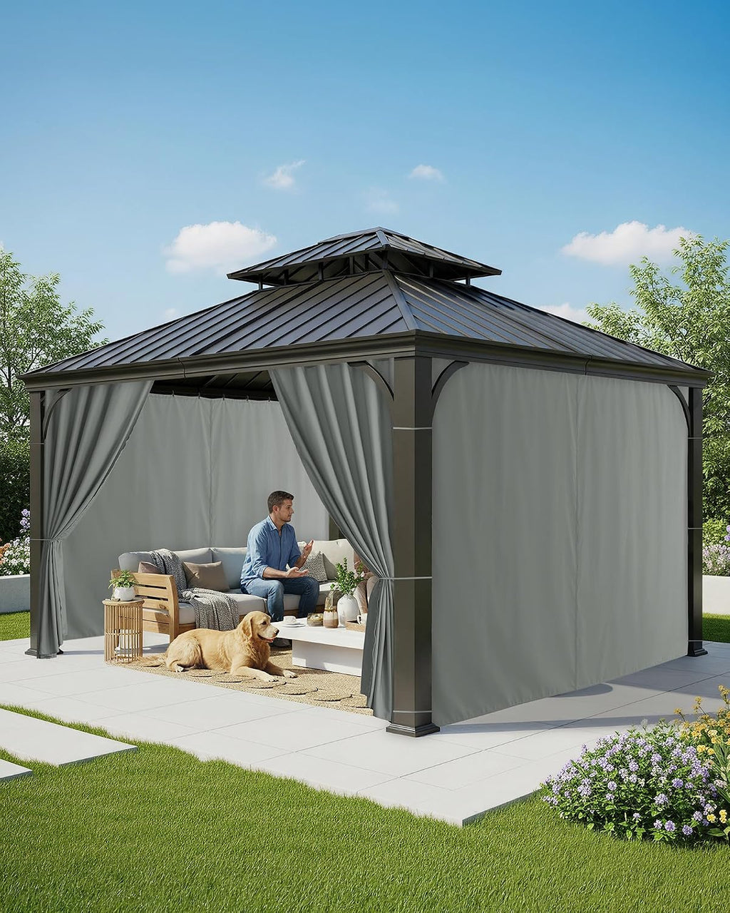 Patio Curtains Outdoor Waterproof with Zipper, 4-Panel, Grey