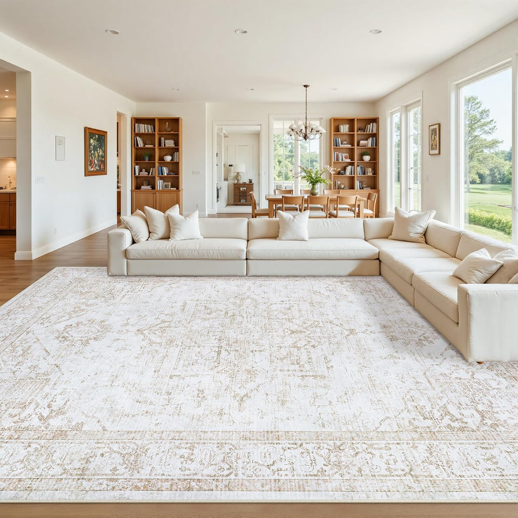 10x14 Washable Area Rugs for Living Room Beige Non-Slip Rug