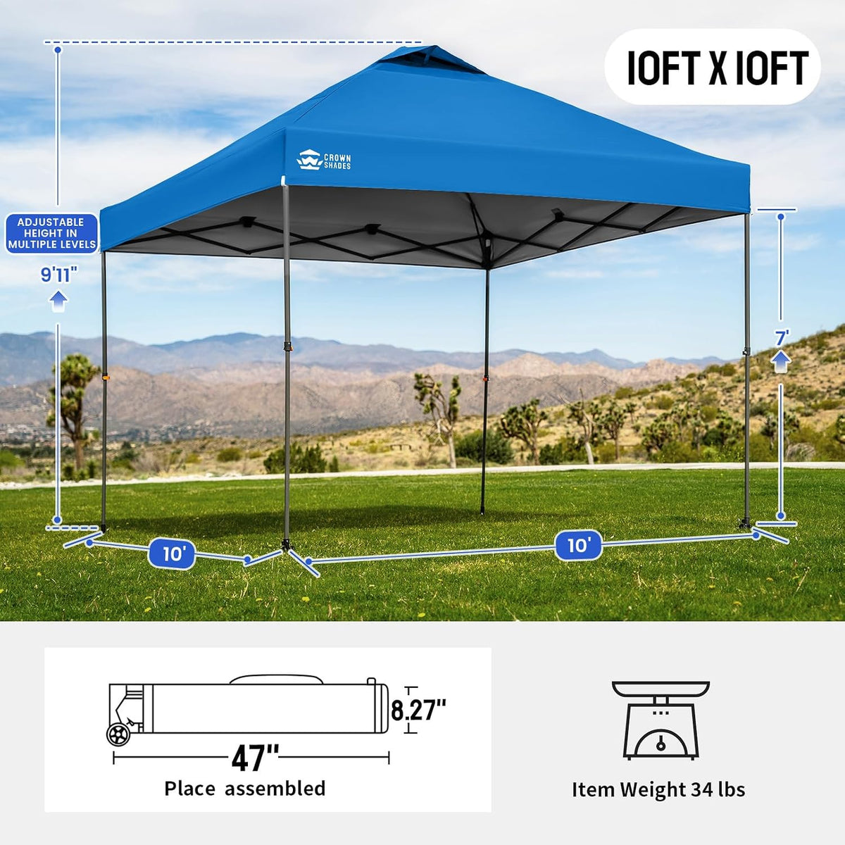 CROWN SHADES 10x10 Pop Up Canopy Tent,Outdoor Canopy, Blue
