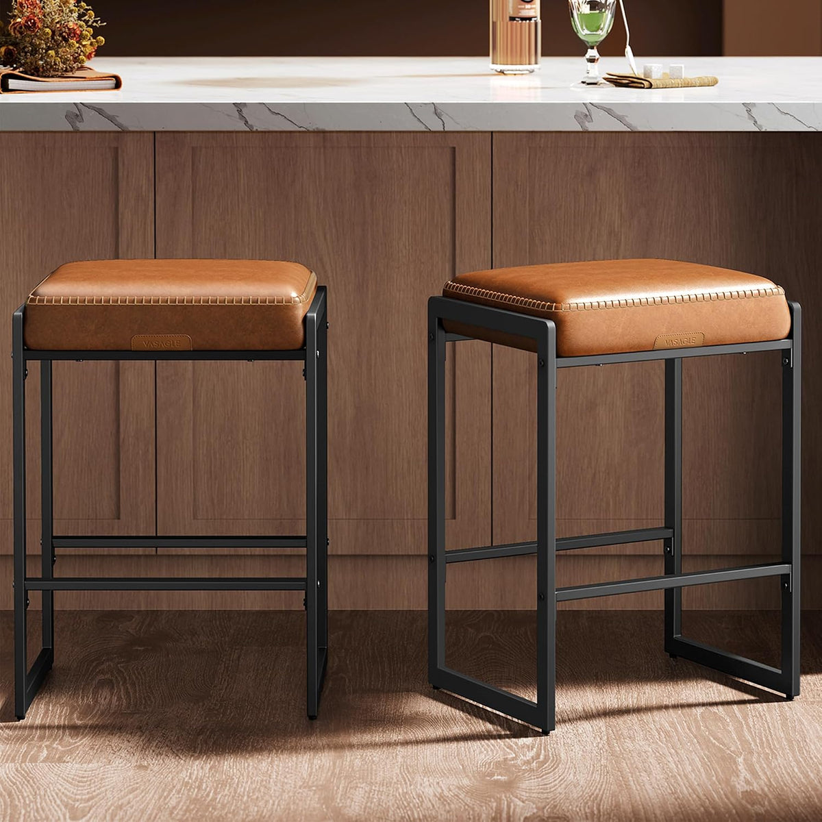 VASAGLE Bar Stools Set of 2, Counter Height, PU Leather, 26-Inch