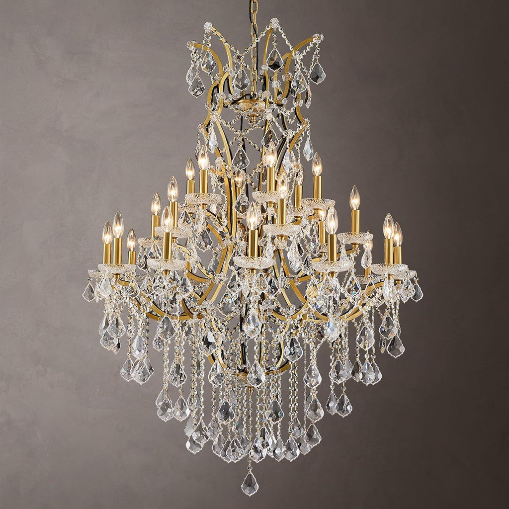 24 Lights Large Crystal Chandeliers for High Ceilings Brass Maria Theresa Chandelier Modern Chandelier Light Fixture for Foyer Living Room Hallway Entryway Staircase 55.1" H x 39.4" D