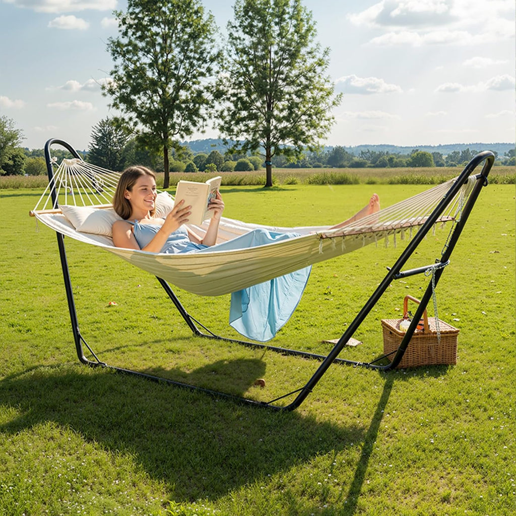 ONCLOUD Sandblasted Iron Hammock Stand only, Heavy Duty Adjustable Hammock Frame Fits Various Hammocks, Portable Double-Barrel Hammock Support for Outdoors, Patio, Garden, Yard, 550 LBS, Black