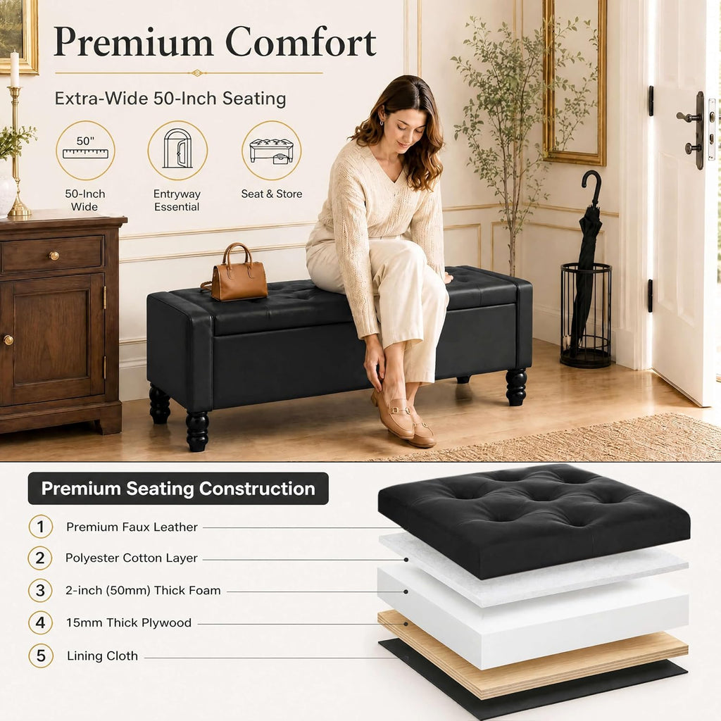 50 inch faux leather storage ottoman bench for on a desk or shelf