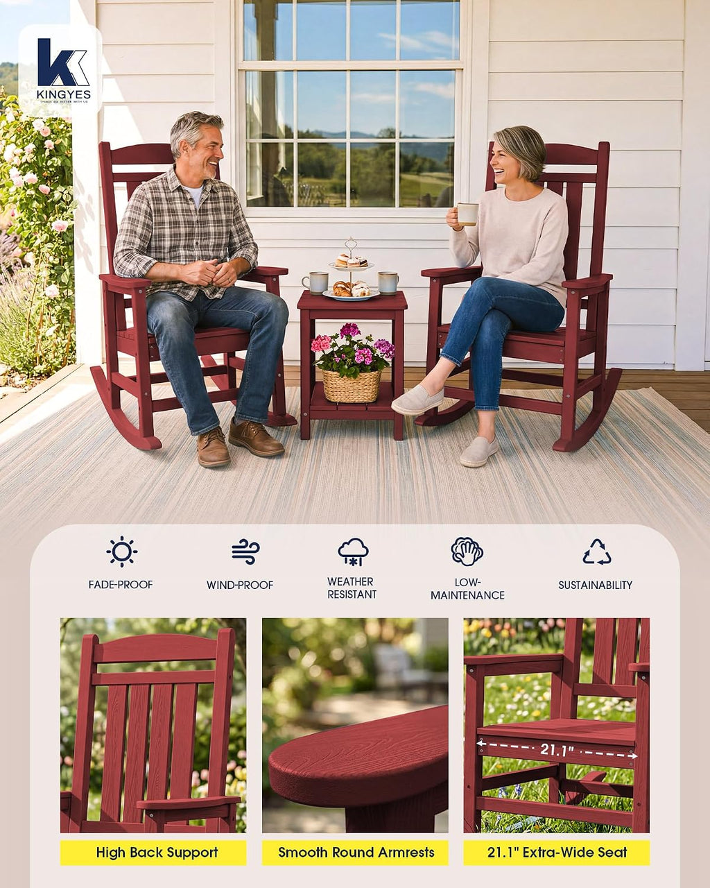 KINGYES Oversized Outdoor Rocking Chairs Set of 2, HDPE Porch Rockers, Red