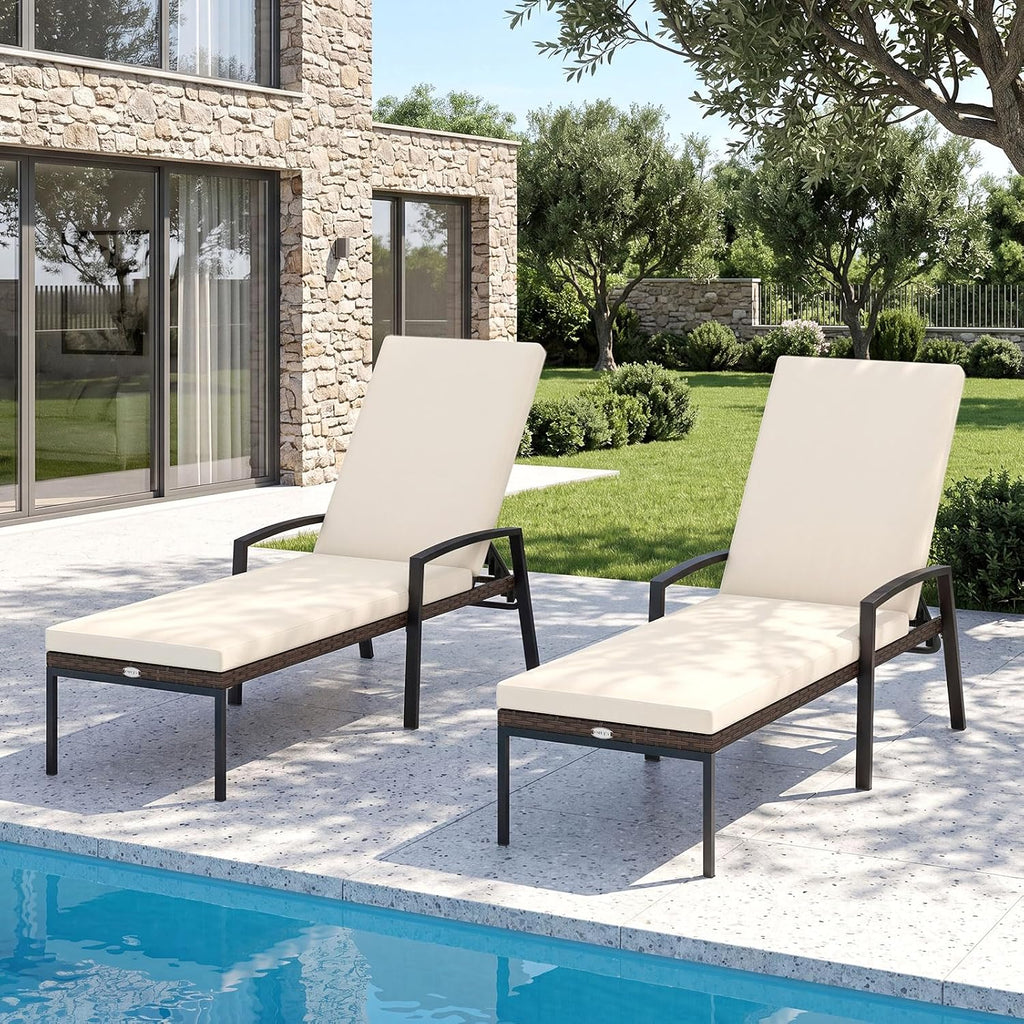 Tangkula Set of 2 Patio Furniture Outdoor Rattan Wicker Lounge Chair Set Adjustable Poolside Chaise with Armrest and Removable Cushions