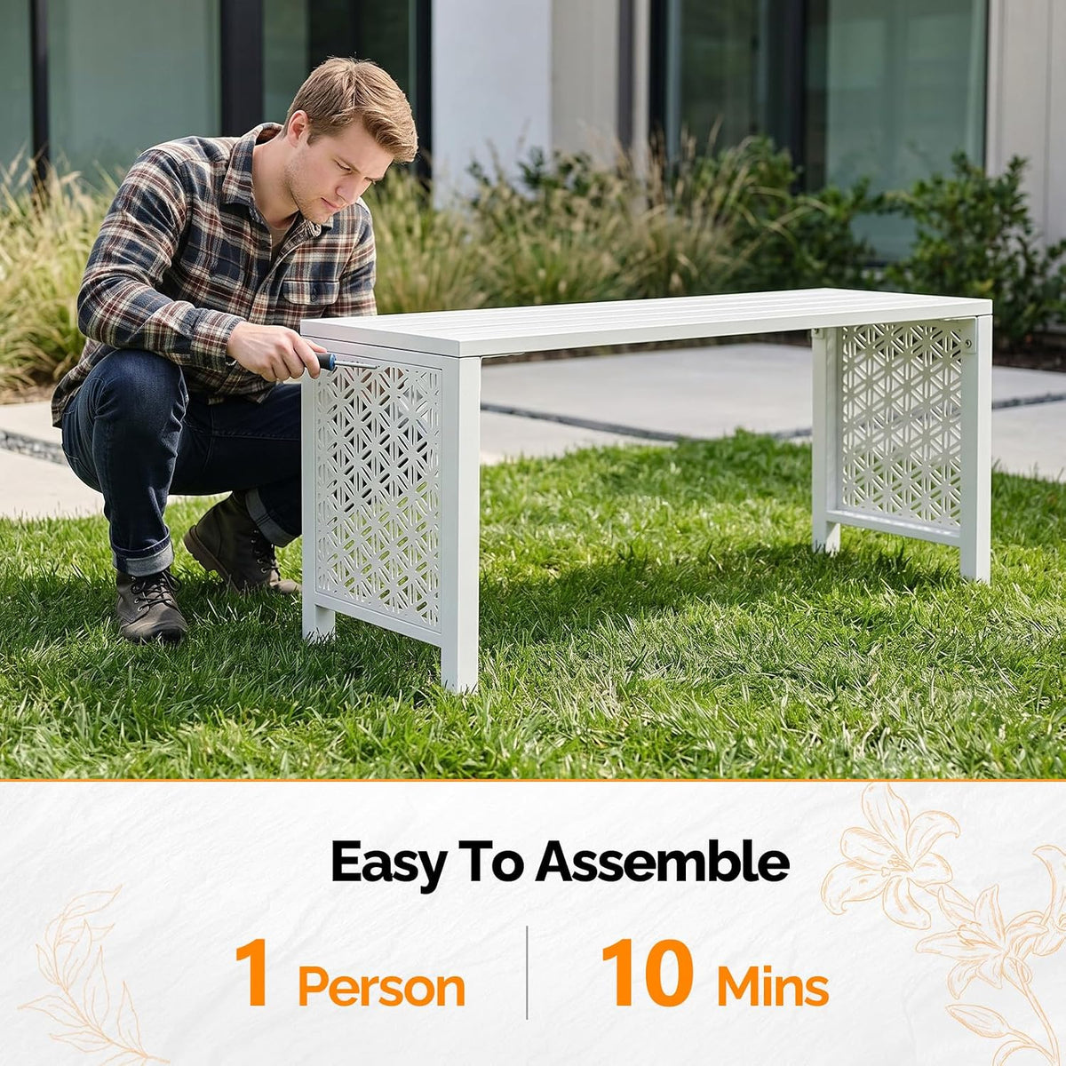 VINGLI 40in Outdoor Metal Bench, All-Weathe Backless Patio Bench with Slatted Seat＆Floral Side Panels, Rust-Resistant Garden Bench, Weatherproof Outdoor Seating for Porch Entryway Backyard (White)