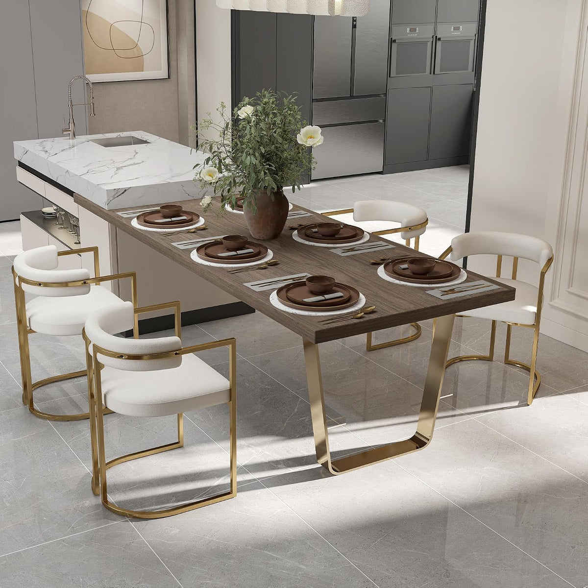 Hyfirm Boucle Dining Chairs Set of 4, Modern Barrel Upholstered Dining Room Chairs with Armrests Gold Metal Legs, Accent Kitchen Chair for Restaurant Living Room, White