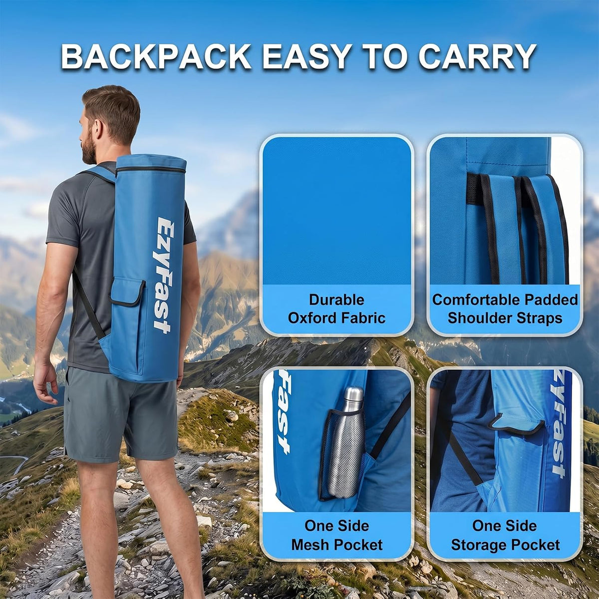 EzyFast Ultra Compact Backpack Canopy, Pop Up Shelter, Portable Sports Cabana, 7.5 x 7.5 ft Base / 6 x 6 ft top for Hiking, Camping, Fishing, Picnic, Family Outings