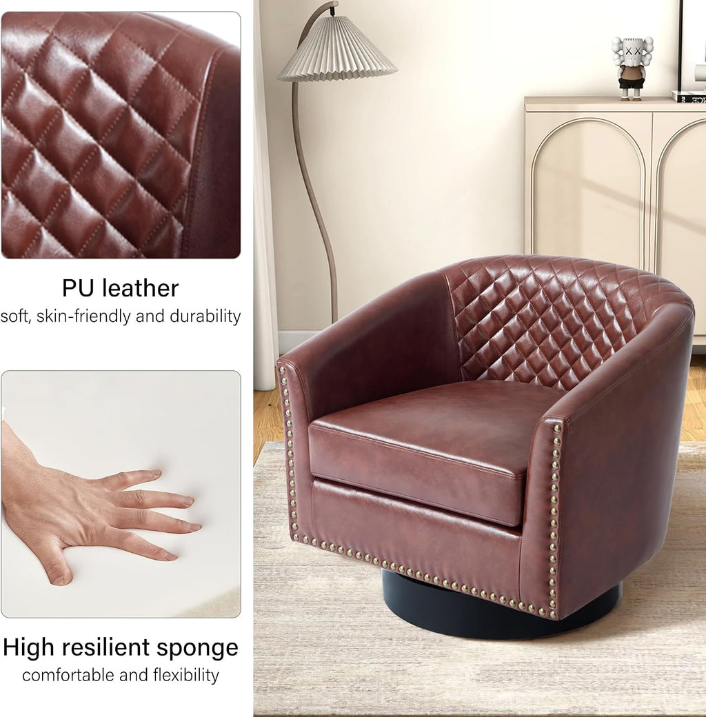 Faux Leather Swivel Accent Chair, Barrel Club Armchair, Red Brown