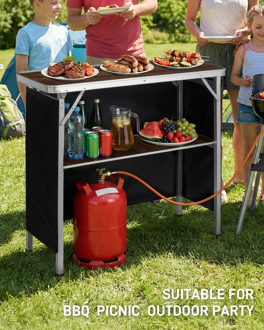 outvita portable bar table with 2 tier shelves showing dimensions