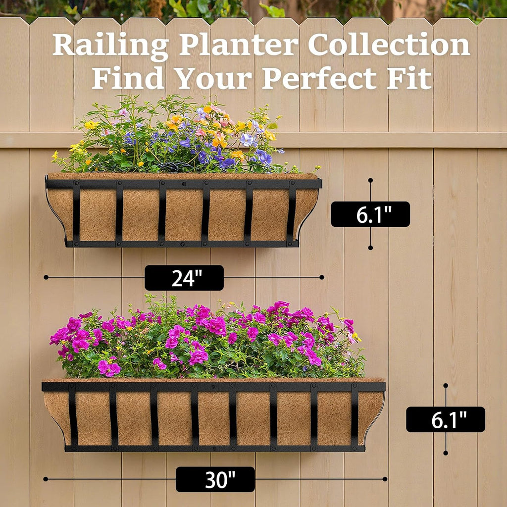 VOXOR Railing Planter Boxes, Heavy Duty Window Box Planters, Adjustable Balcony Planters for Railing Hanging, with Coco Liner for Deck, Porch, and Patio Gardening (2 Pack, 24 Inch)