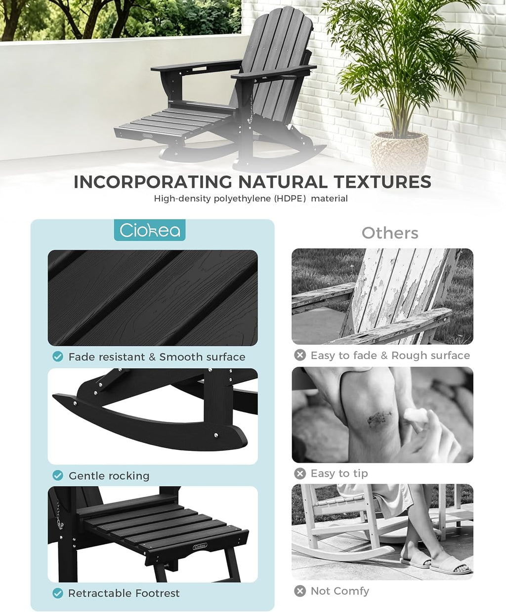 Ciokea Rocking Adirondack Chairs Set of 4 with Retractable Ottoman (Black)
