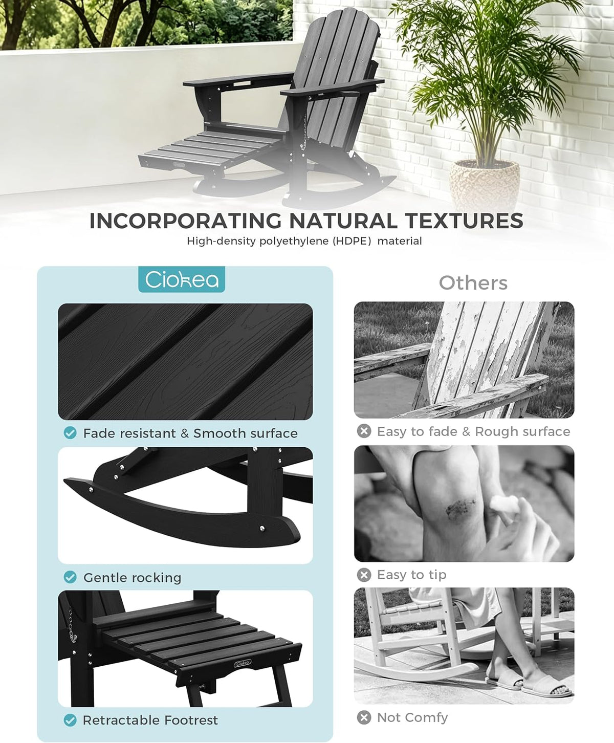 Ciokea Rocking Adirondack Chairs Set of 4 with Retractable Ottoman (Black)
