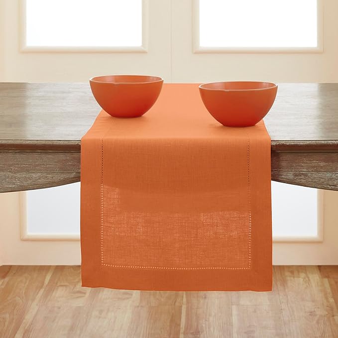 Solino Home Linen Pumpkin Table Runner 132 Inches Long - 100% Pure Linen Extra Long Table Runner 14 x 132 Inch - Classic Hemstitch - Fall, Autumn, Halloween, Thanksgiving, Holiday