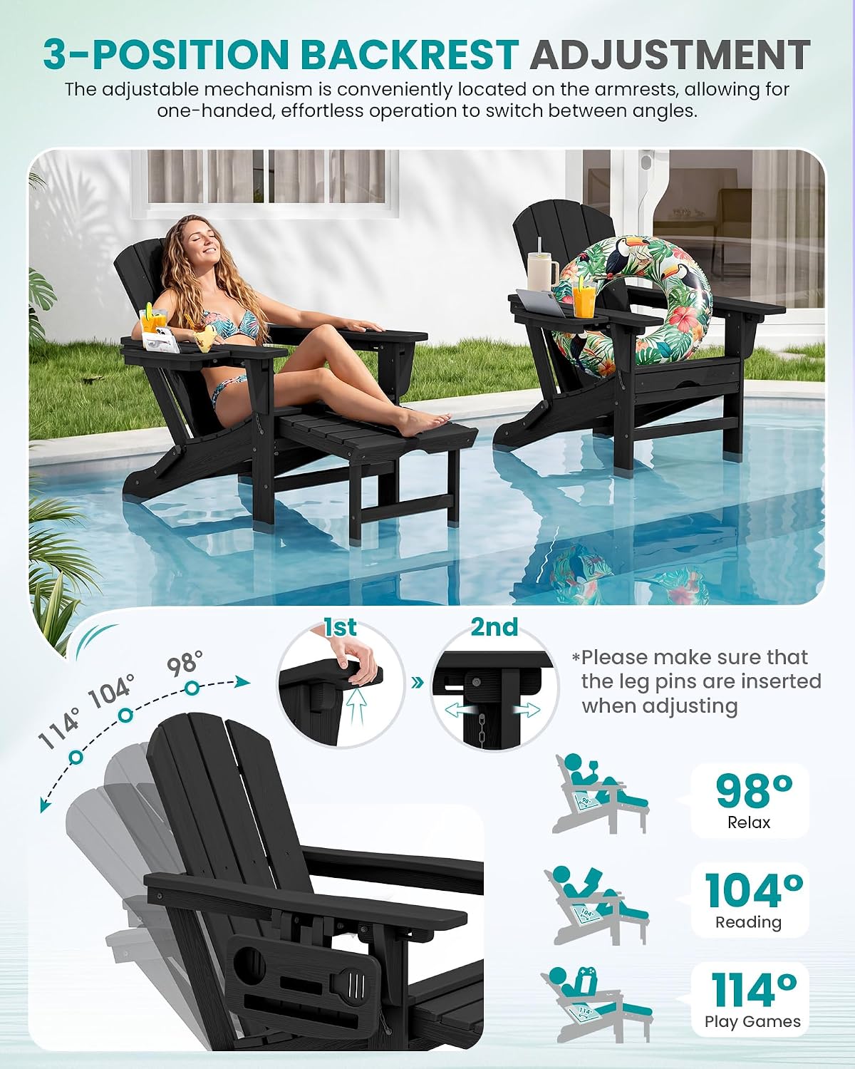 SERWALL Folding Adjustable Adirondack Chairs with Footrest Set of 4, HDPE Outdoor Chair with 4-in-1 Cup Holders, All Weather Adirondack Chair with Ottoman, Black