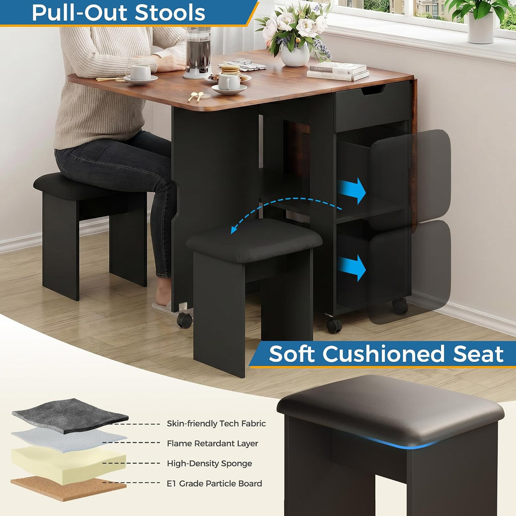 Mondeer 55" Folding Dining Table and Chairs Set 4, Cushioned Stools