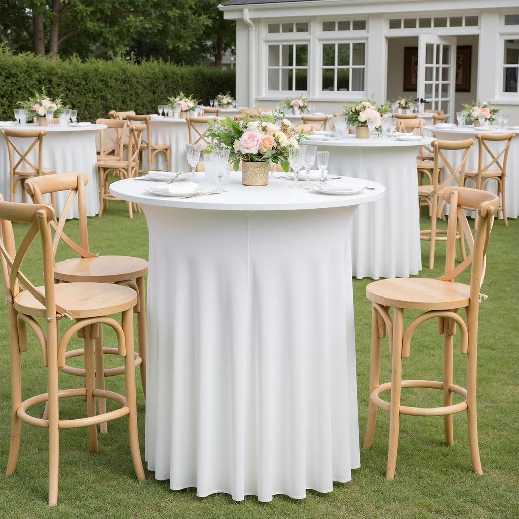6 pk White Cocktail Table Cloth Round 32×43in-High Top Highboy Bar Cocktail Tablecloths-Wrinkle Free Stretchy Fitted Spandex Table Covers with Ruffle Desk Skirt for Wedding Banquet Party Tables