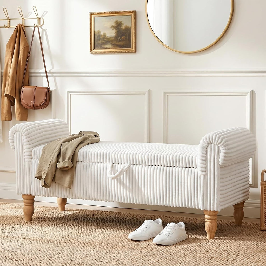 55" Storage Ottoman Bench, Corduroy End of Bed Bench for Bedroom, White
