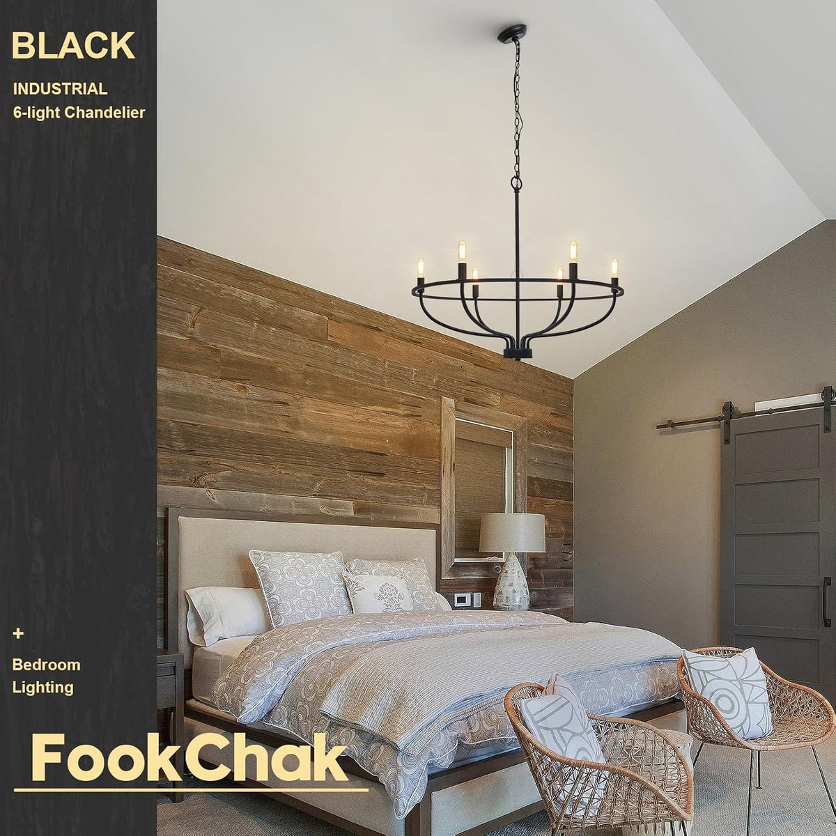 black farmhouse chandelier, 6-light dining room light fixture, front angle view